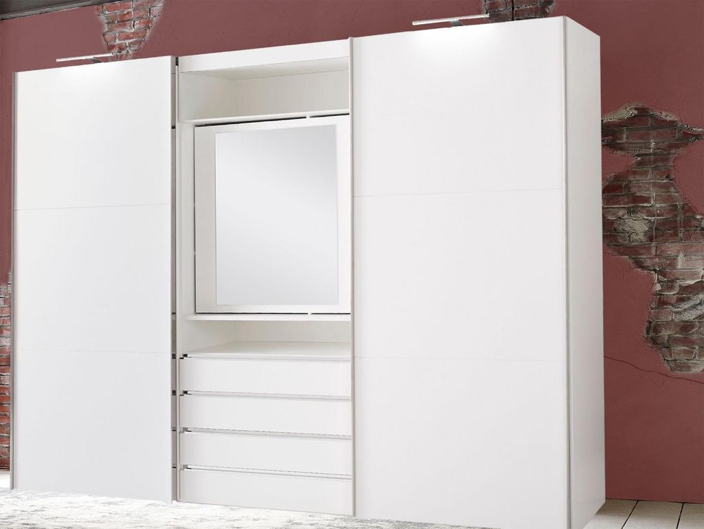 Schwebetürenschrank Magie Schlafzimmerschrank mit drehbarem Spiegelelement 2-türig 300cm weiß