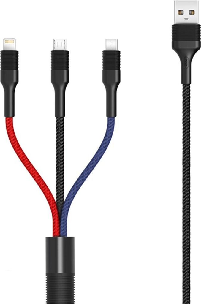 Xo geflochtenes kabel usb-a stecker zu usb-c, microusb und lightning - schnellladung 2a - länge 1.20m
