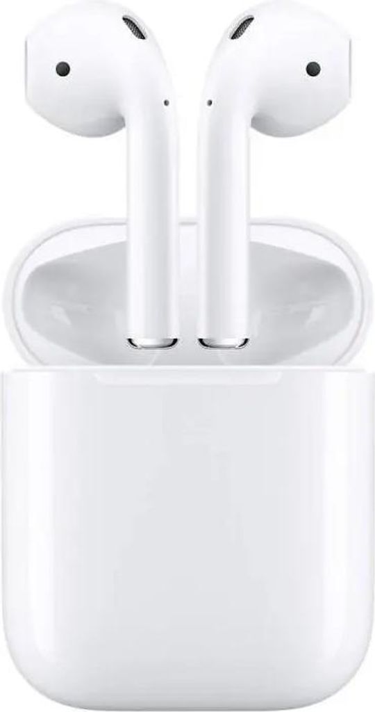 A pair of white wireless earbuds and their charging case are displayed against a white background.
