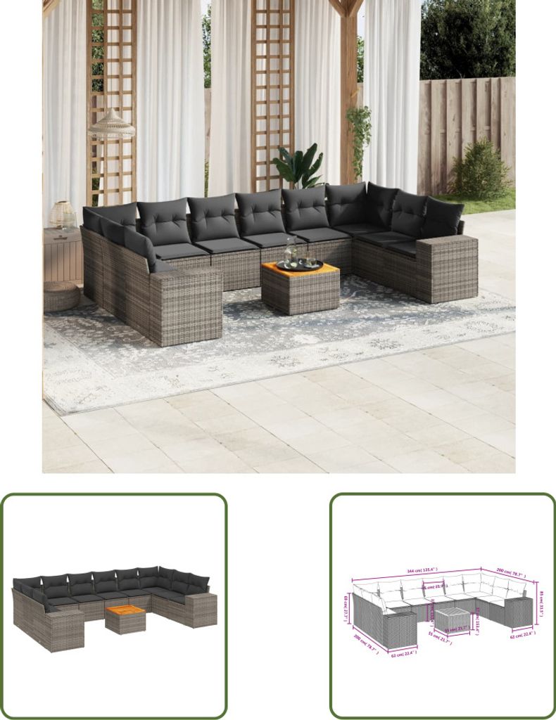 The Living Store 11-tlg. Garten-Sofagarnitur mit Kissen Grau Poly Rattan