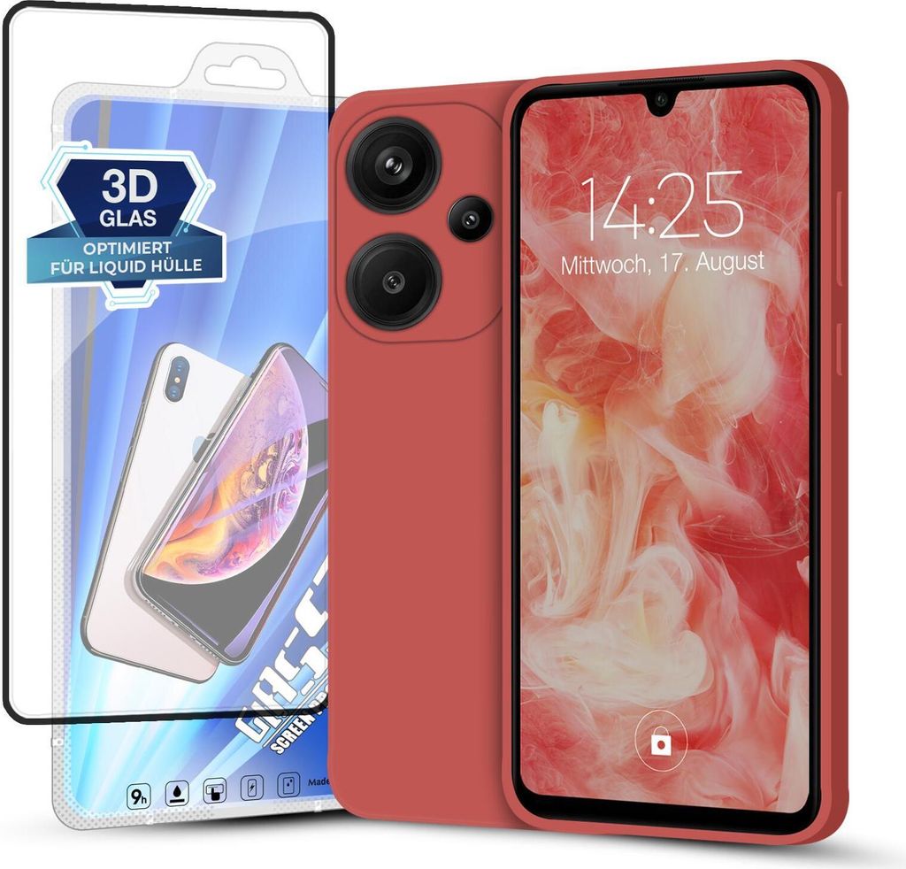 Hülle für Xiaomi Redmi Note 13 Pro+ 5G mit 9H Displayglas Displayschutz Plus Case Cover Bumper Silikon Softgrip Schutzhülle Farbe: Rot