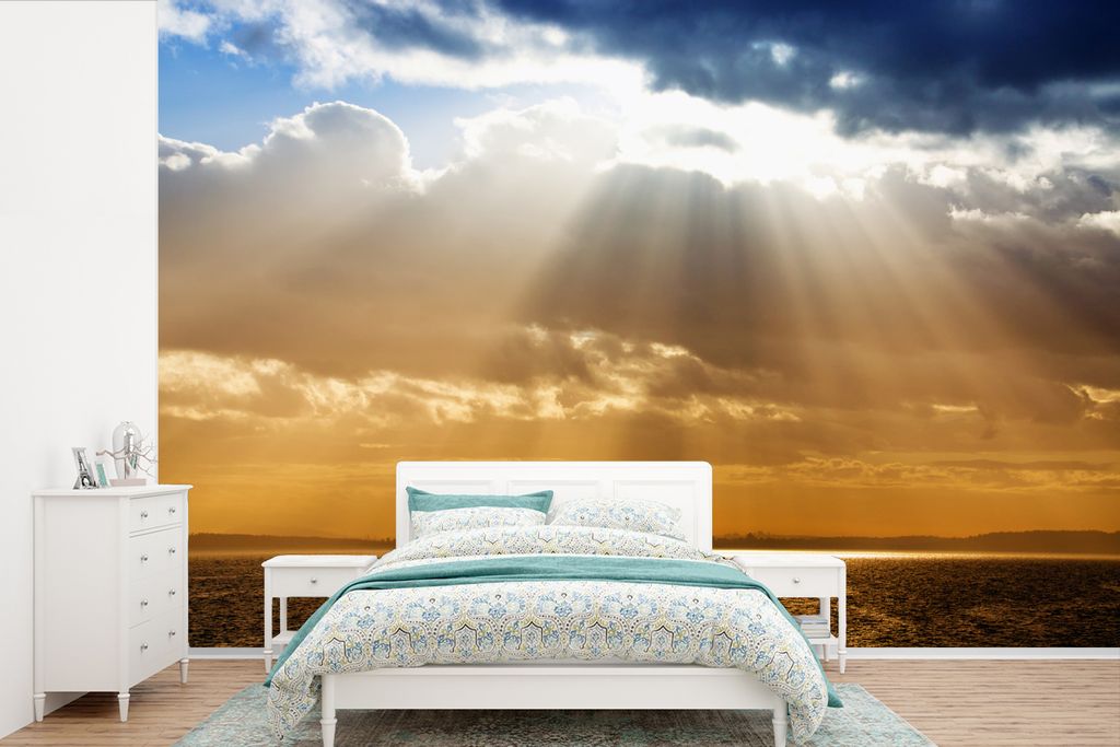 MuchoWow Fototapete für Wohnzimmer oder Schlafzimmer Wandtapete Vinyl Motivtapete Sonnenstrahlen in der Dämmerung vom blauen Himmel im kanadisc...