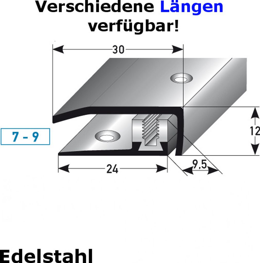 Abschlussprofil / Abschlussleiste Laminat "Davidson", Höhe 7 x9 mm, 30 mm breit, 3-teilig, Edelstahl, gebohrt, Flex-900