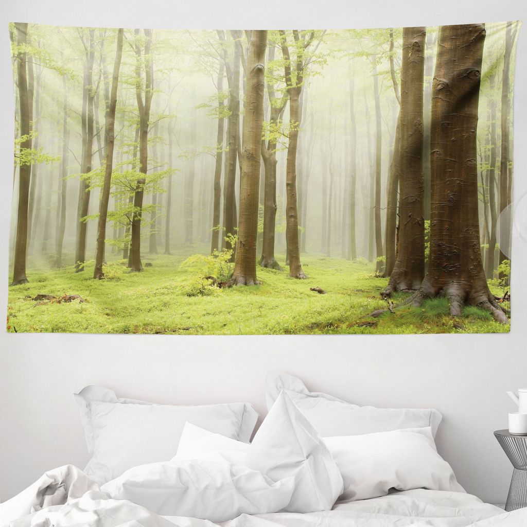 ABAKUHAUS Frühling Wandteppich, Misty Buchenwald Foto aus Weiches Mikrofaser Stoff Waschbar ohne Verblassen Digitaldruck, 230 x 140 cm, Braun Grün