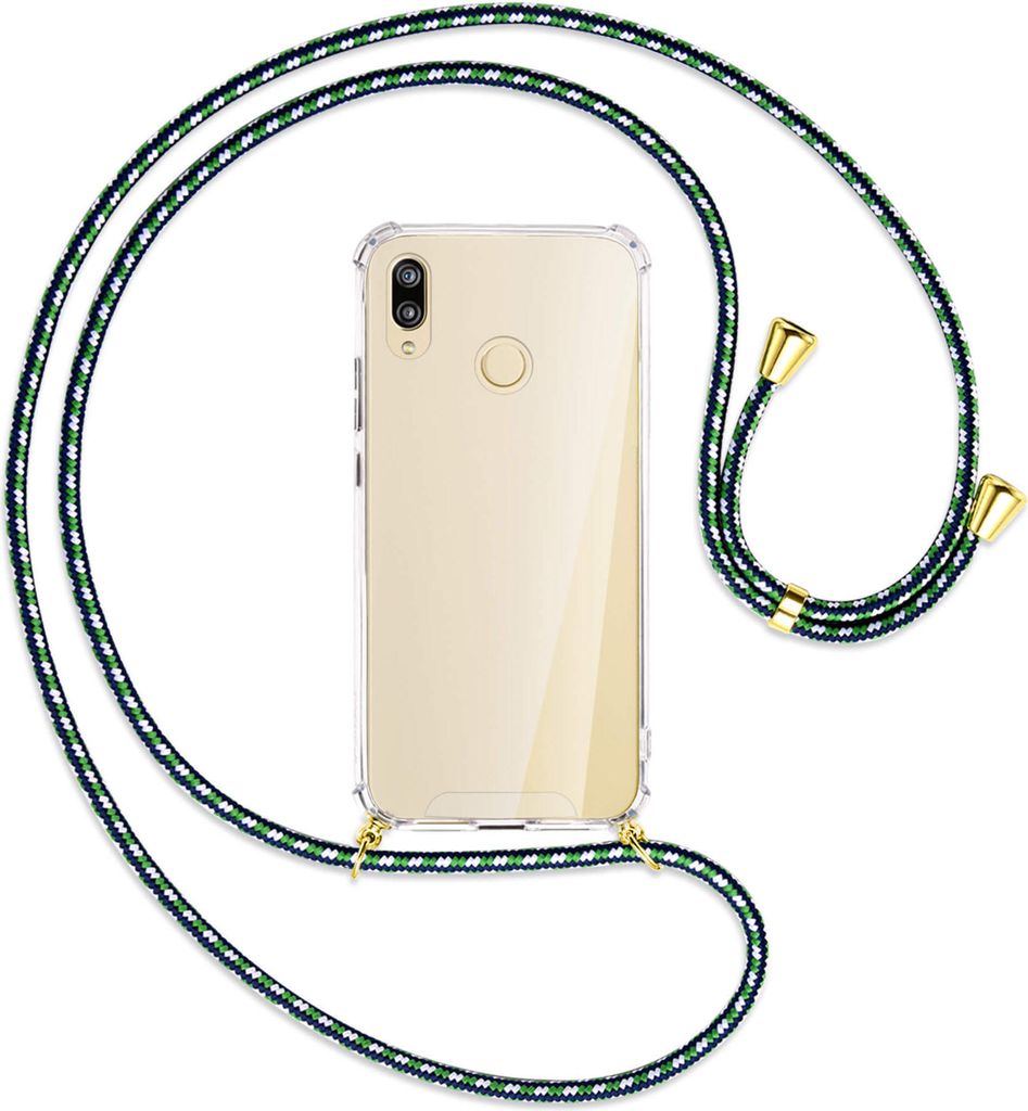 Handykette Backcover-Schutzhülle mit Band (Metall goldfarben) für Huawei P20 lite - grün/blau/weiß