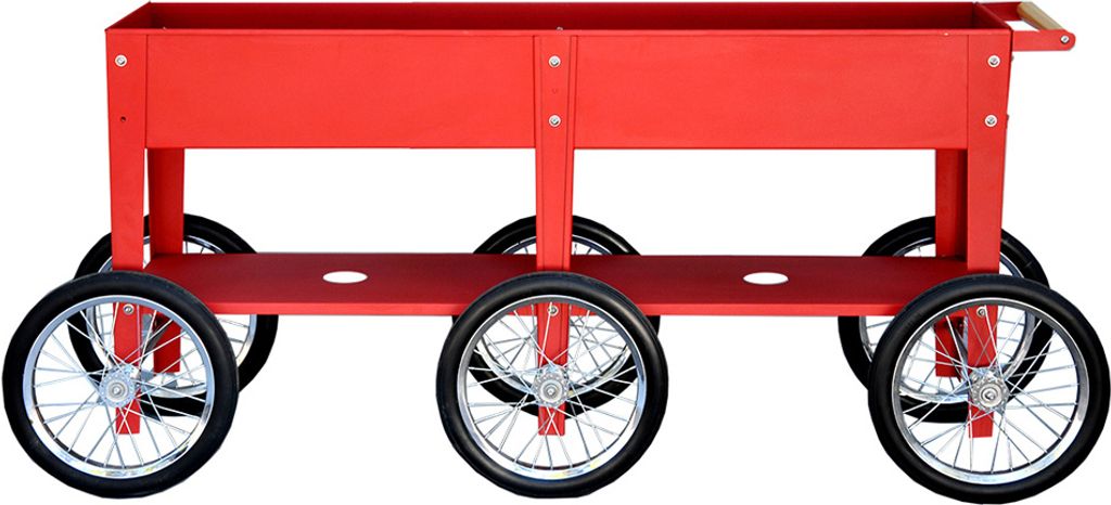 A red garden bed on wheels, shown from the side against a white background.