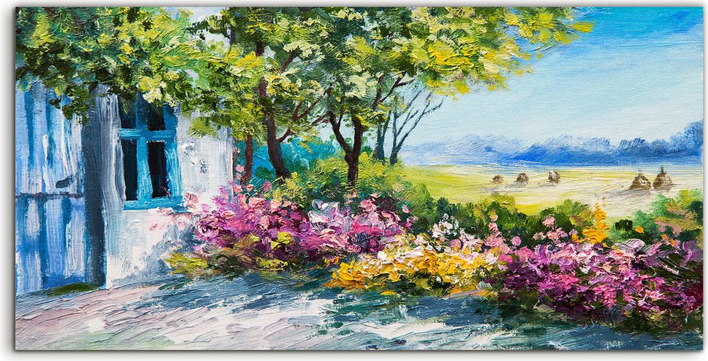 Coloray Canvas 140x70 Wandbild Leinwand Bilder Malerei Garten in der Nähe des Hauses