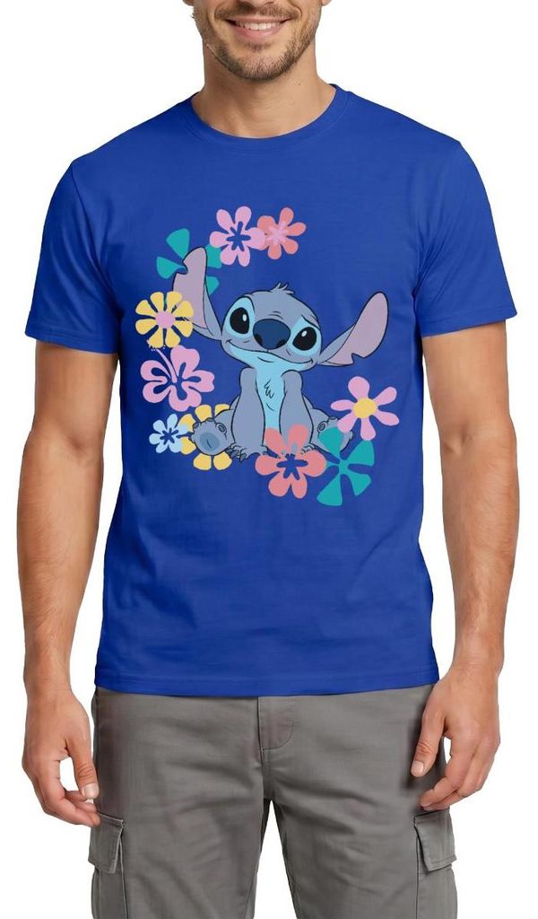 Lilo & Stitch | Stitch Mit Hawaiianischen Blumen Männer T-Shirt, 4XL, Dunkelblau