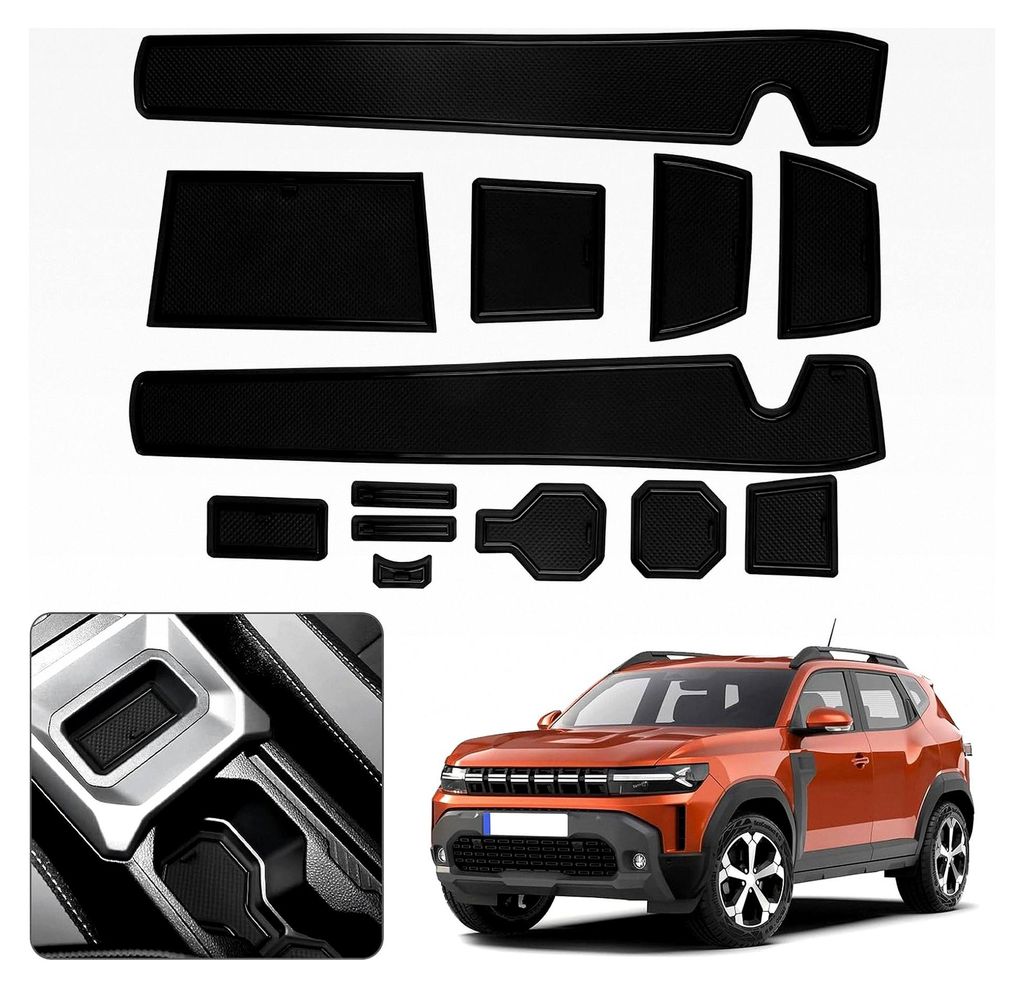 Anti-Rutsch-Pad für die Türnut des Autos für Dacia Duster 2024-2025, Wasserbecher Aufbewahrungsbox, Gummimatte, 13-teiliges Set (Schwarzer Rand)