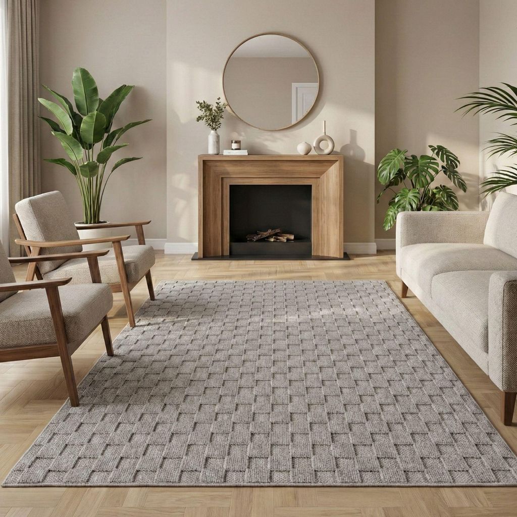 Carpetsale24 Teppich Wohnzimmer Bouclé Schlingenflor Skandi Stil Karo Design Robust Superweich für Schlafzimmer, Grösse: 280x370 cm