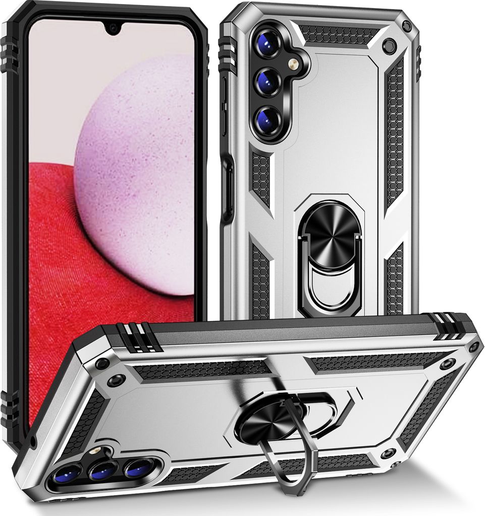 Galaxy A14 5G Hülle, Schiebe Kamera Schutz Schutzhülle mit Ringhalterung Ständer Kartenhalter für Samsung Galaxy A14 5G Silber