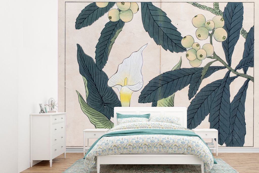 MuchoWow Fototapete für Wohnzimmer oder Schlafzimmer Wandtapete Vinyl Motivtapete Japanischer Holzschnitt von Blättern und Blumen - 330x240 cm ...