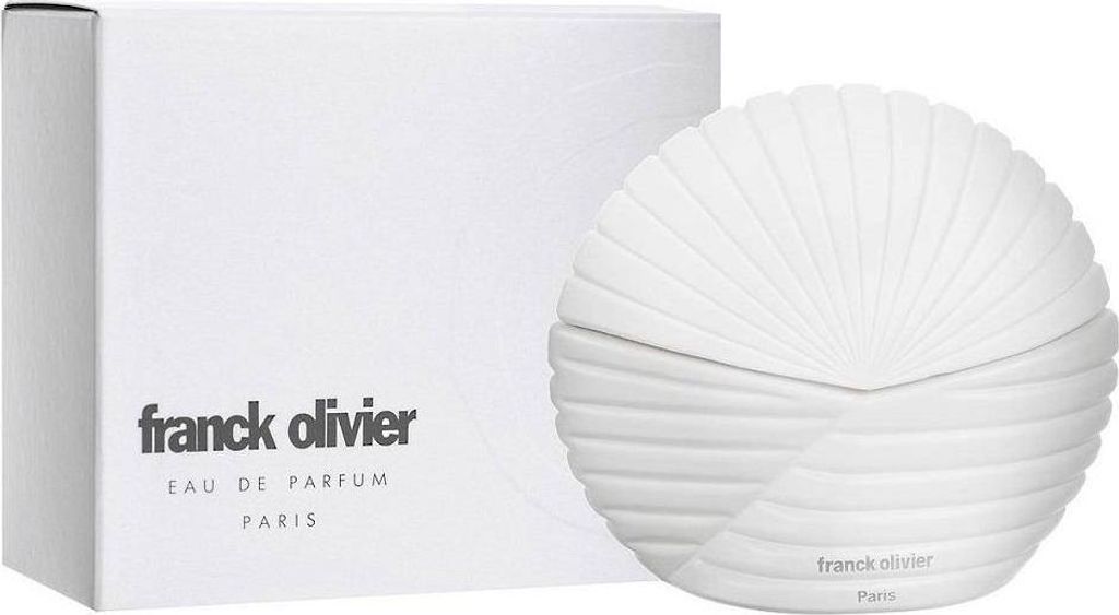 A white perfume bottle and its packaging are displayed on a white background.