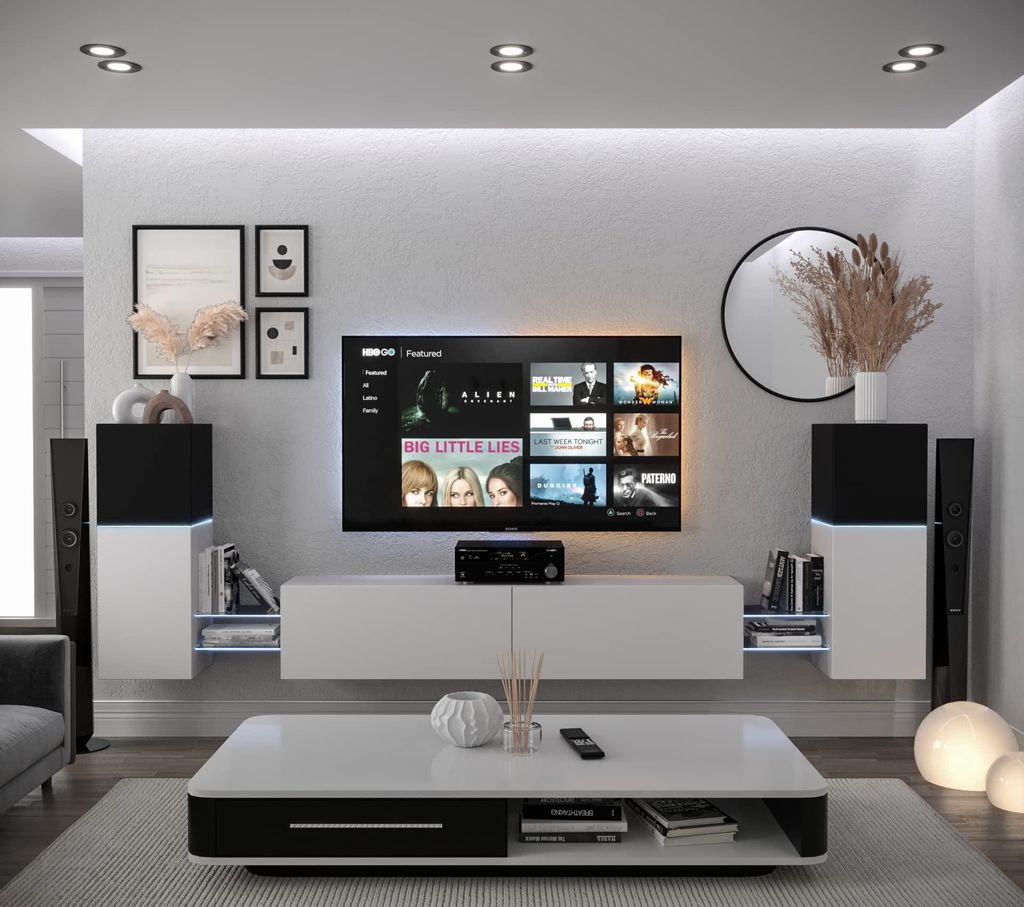 Furnitech Wohnwand Wohnzimmer - Hängend Wohnwand Modern - Regale und TV Schrank - Wohnzimmer Möbel ohne LED (AN104-21BW-M5 1C)