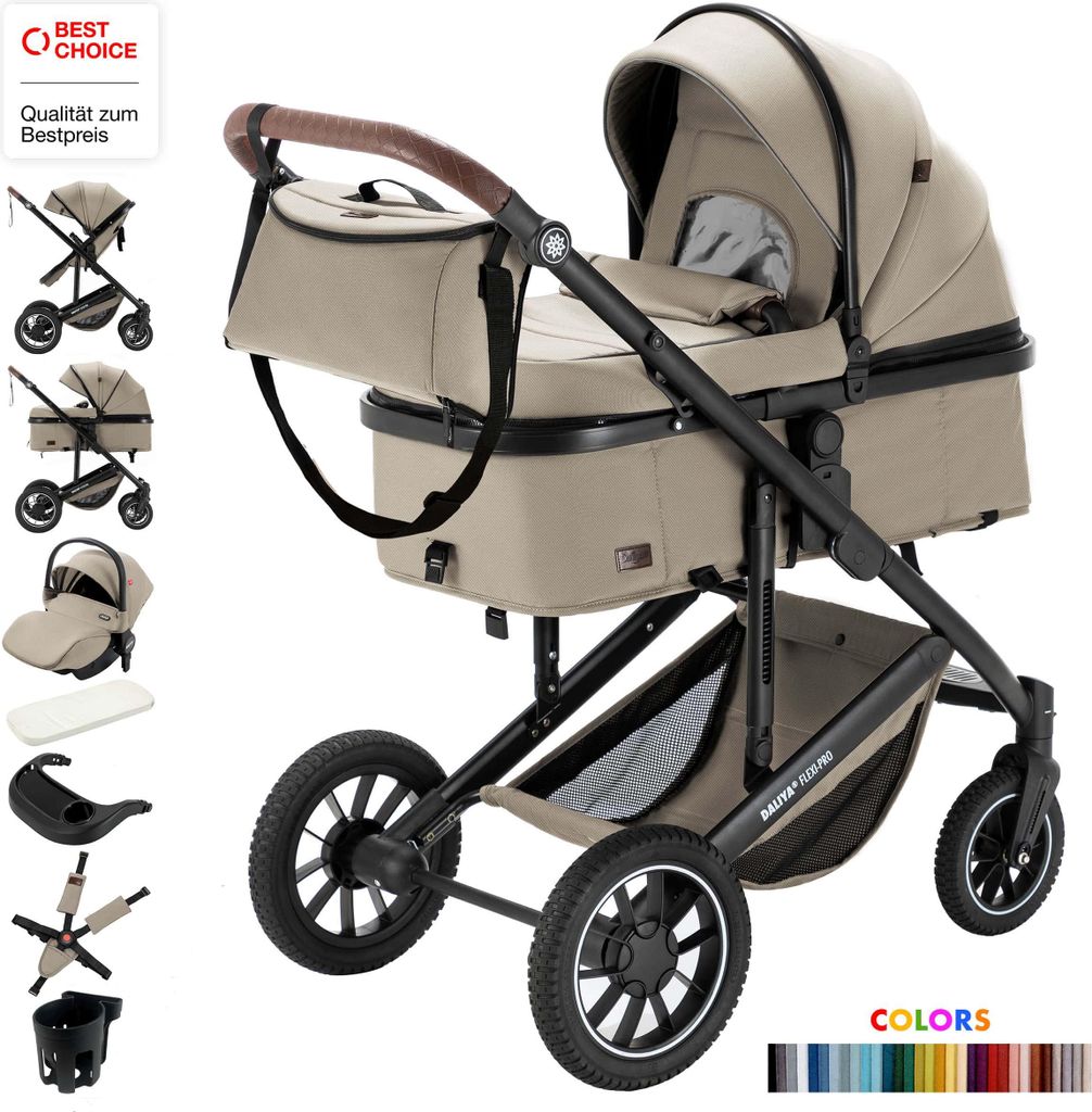 Daliya FLEXI-PRO M 3in1 Kinderwagen & Buggy mit i-Size Babyschale, Memory-Knöpfe, Kinderwagen mit Auto-Babyschale, Leicht, Großer Einkaufskorb