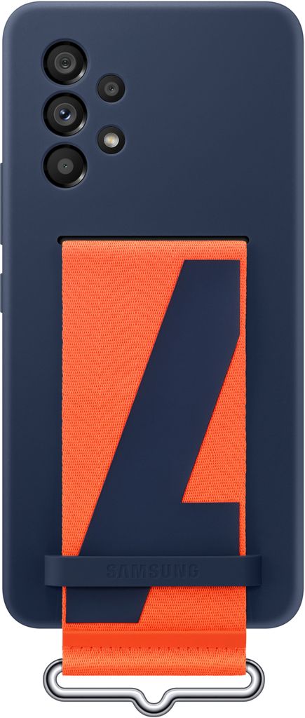 A dark blue Samsung phone case with an orange and dark blue strap attached.