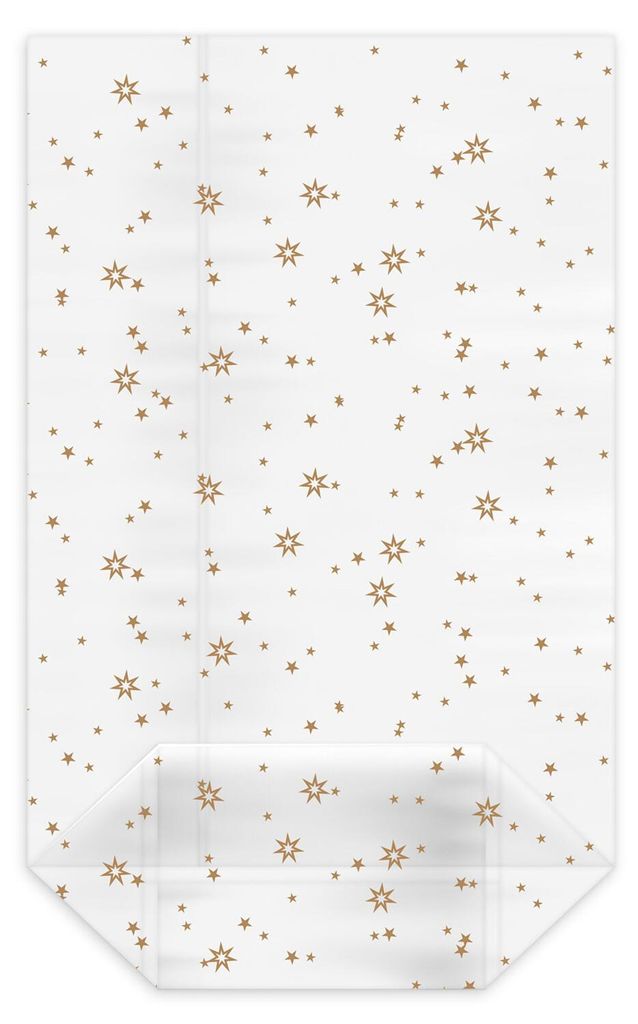 100x Kreuzbodenbeutel klar mit Sternen gold 145 x 235 + Produktbild 
