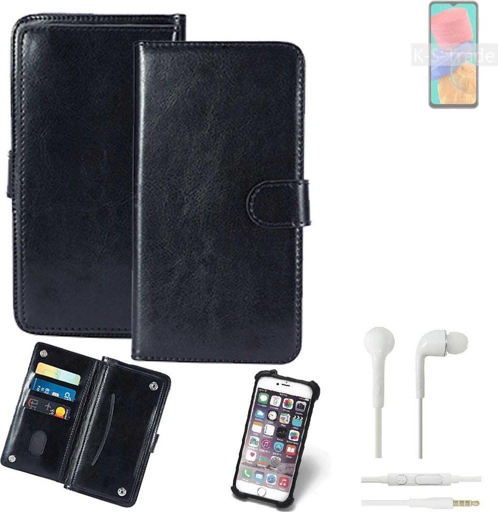 K-S-Trade 360° Hülle kompatibel mit Samsung Galaxy M33 5G inkl. Headphones schwarz Kunstleder Case BookCase WalletCase Kunstlederederhülle
