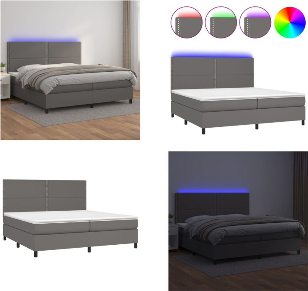 vidaXL Boxspringbett mit Matratze & LED Grau 200x200 cm Kunstleder - Boxspringbett - Boxspringbetten - Bett - Schlafzimmermöbel