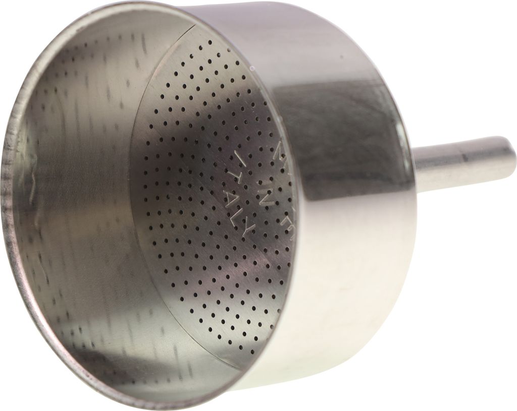 A close-up shot of a metal coffee filter funnel.