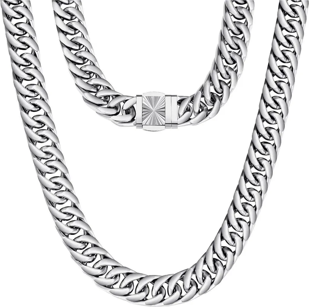 Gourmette Homme Grosse Maille 14mm en Acier Argenté Bracelet Cuban Chain