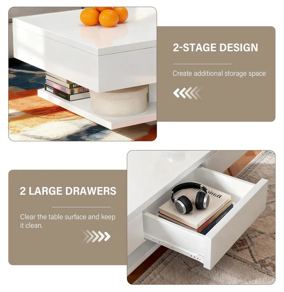 Table basse avec 2 tiroirs de rangement et niche ouverte - Blanc moderne