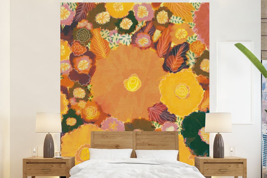 MuchoWow Fototapete für Wohnzimmer oder Schlafzimmer Wandtapete Vinyl Motivtapete Blumen - Gelb - Farbenfroh - Pflanzen - Hippie - 195x240 cm - ...