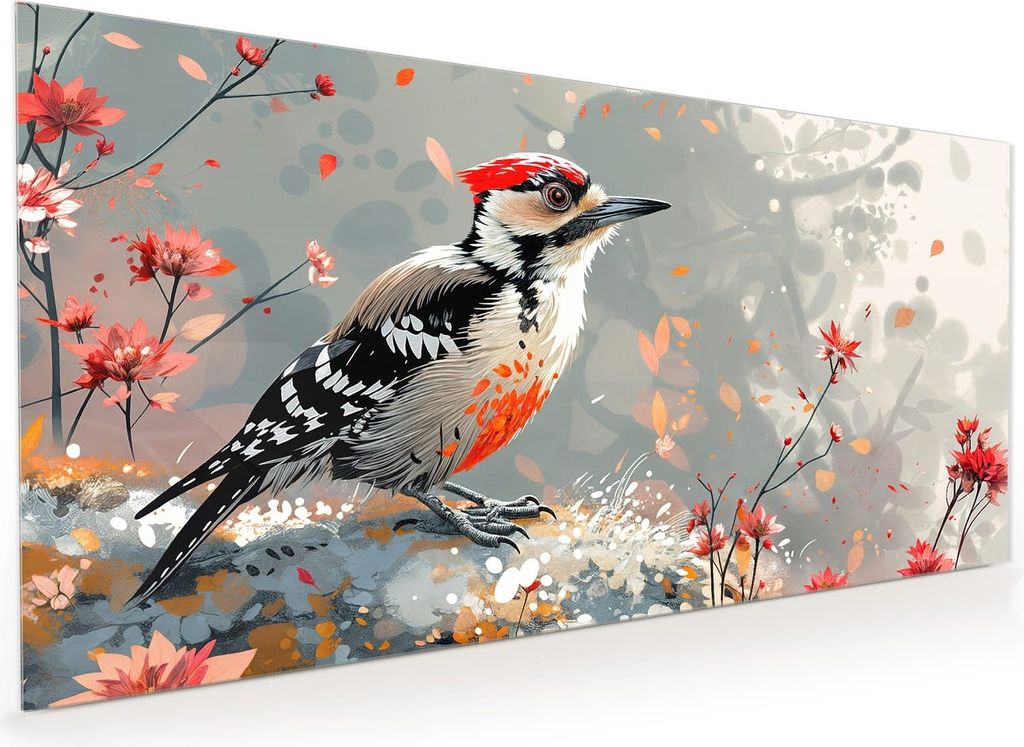 Küchenrückwand Spritzschutz Glas mit Motiv Specht zwischen Blumen 40 x 40 cm
