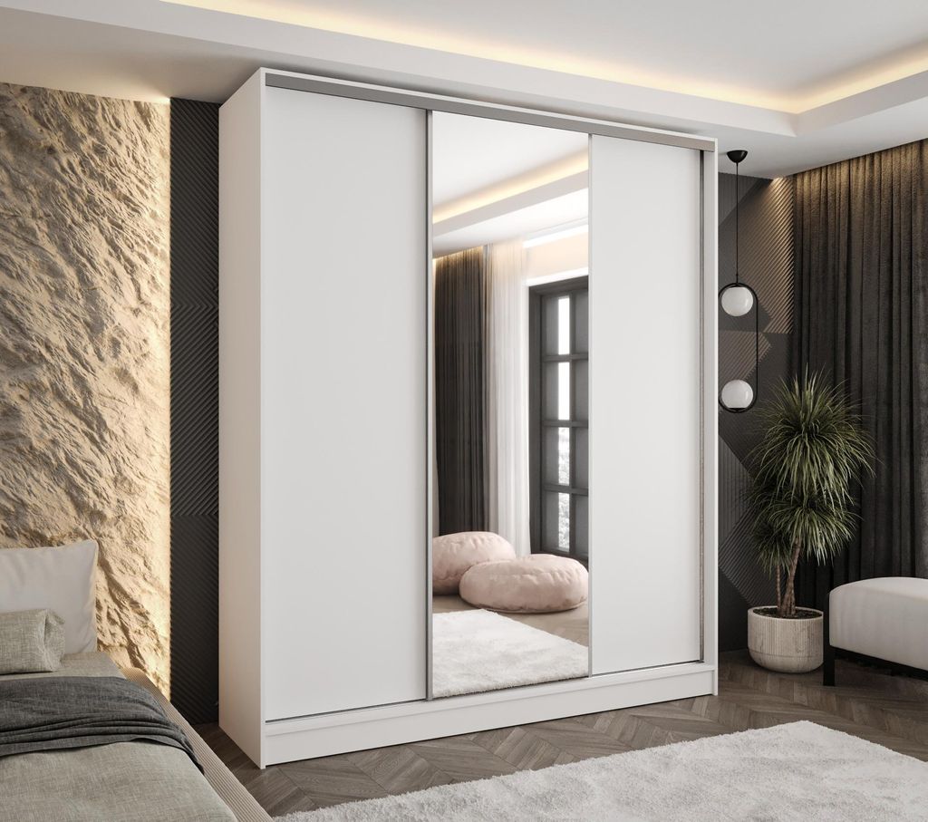 Moderner 3-türiger Schwebetürenschrank Weiß 230x58x250 cm – mit Spiegel – Kleiderschrank für Flur, Schlafzimmer oder Ankleidezimmer