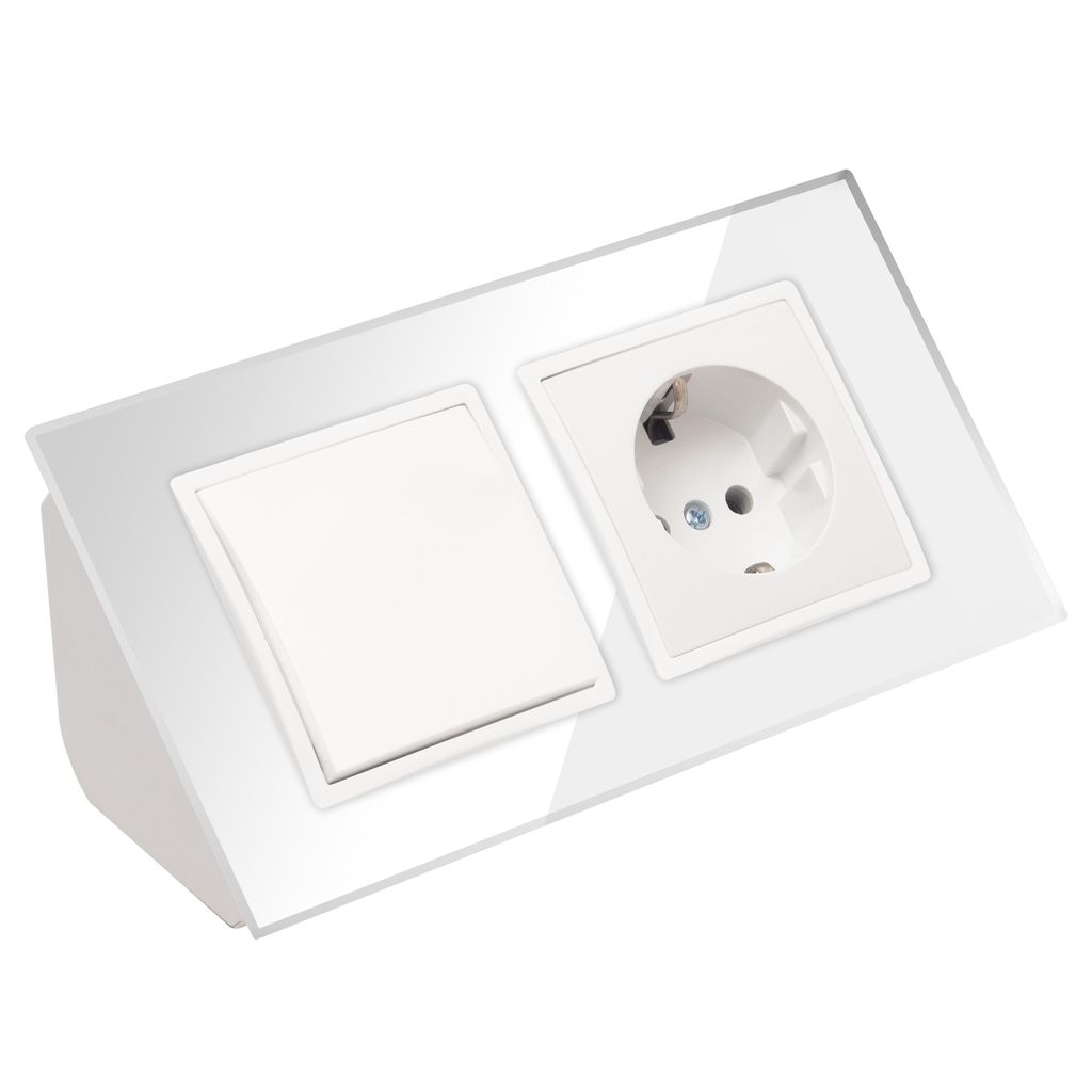 Glas Ecksteckdose Steckdose + Lichtschalter Steckdosenblock 45° Verteilerdose weiß.