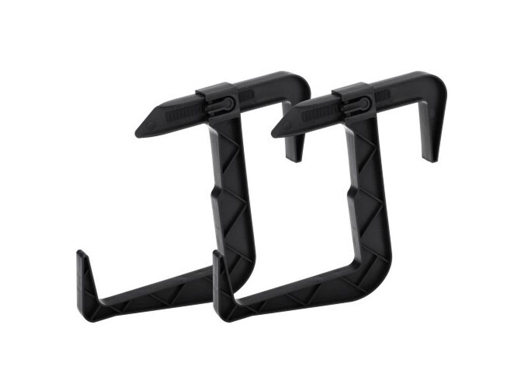 Two black plastic balcony planter hooks are shown against a white background.