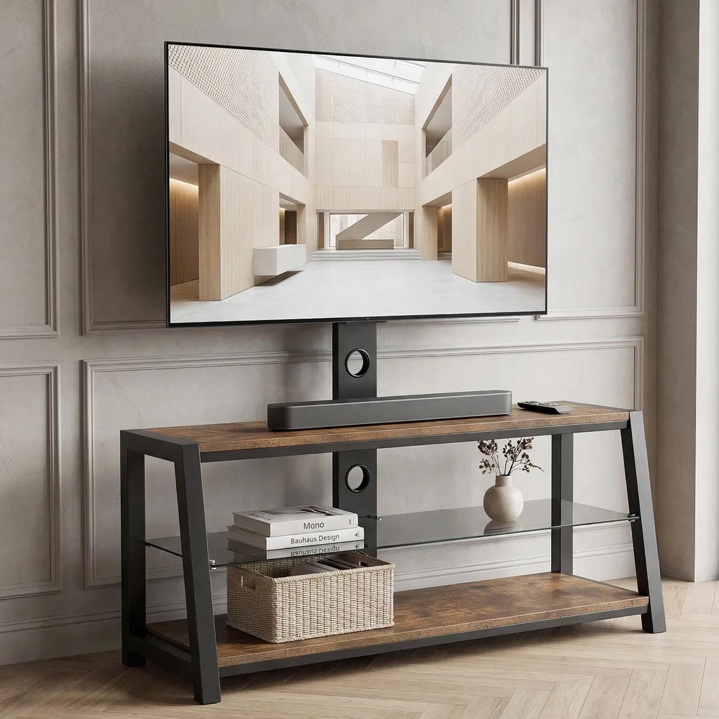 Meuble TV gain de place avec support intégré pour écran plat et consoles