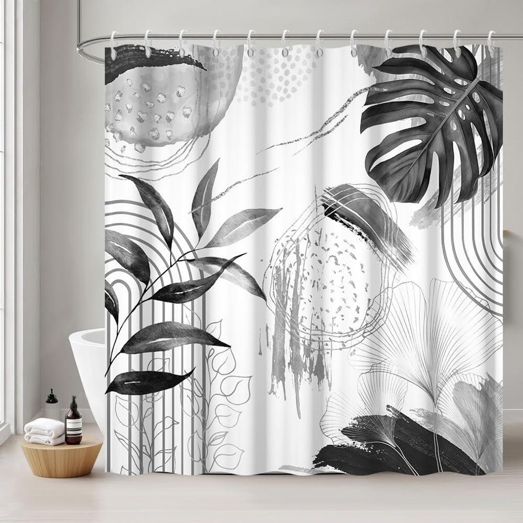 Duschvorhang 180 x 200 cm, schimmelresistent, grauer Boho-Stil, tropisches Palmenblatt-Dschungel-Design, waschbares, wasserdichtes Polyestergewebe ...