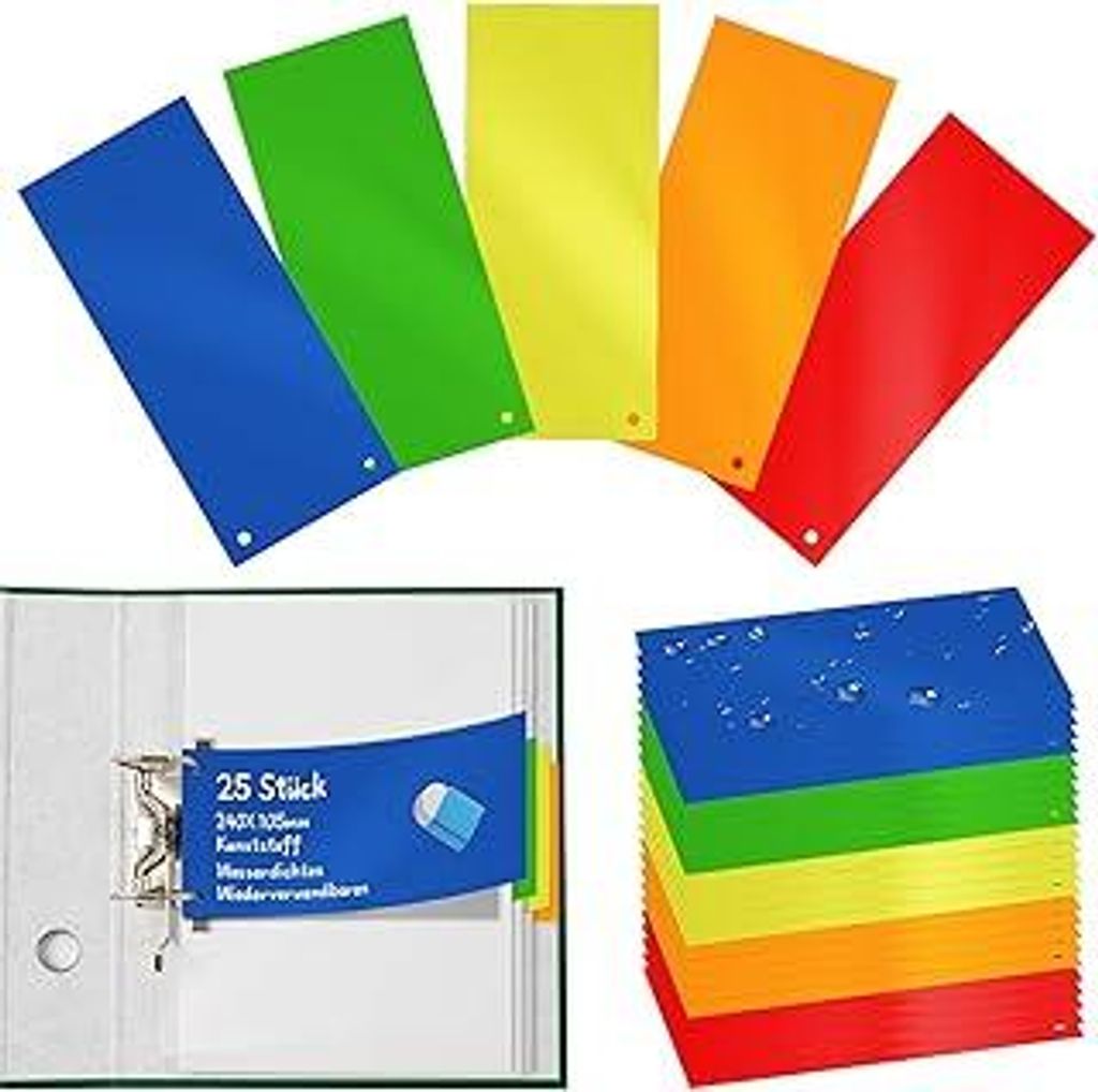 Trennstreifen für Ordner A4 Bunt Trennblätter Ordner Plastik 24 x 10,5cm Kunststoff Trennstreifen Mit Universal Lochung Wiederverwendbares 5 Farb...