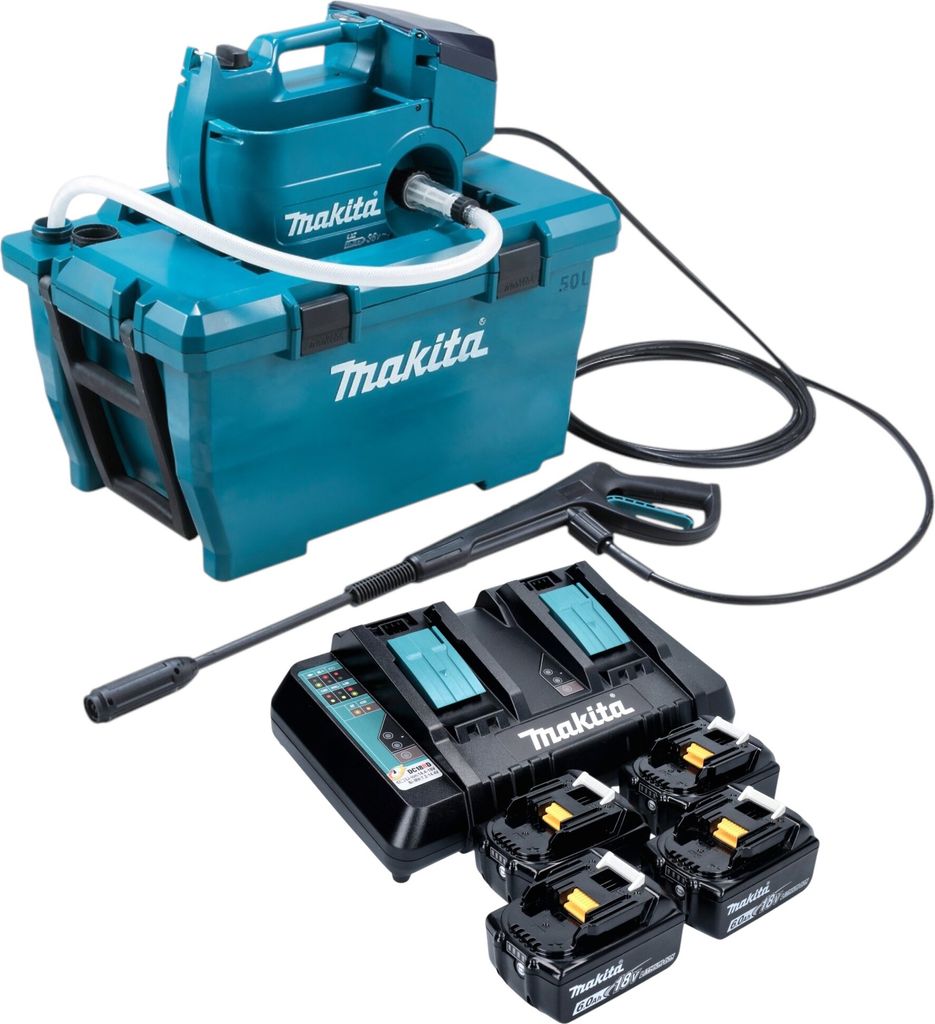 Makita DHW 080 PG4K Akku Hochdruckreiniger 36 V ( 2x 18 V ) 80 bar 380 l/h Brushless + 4x Akku 6,0 Ah + Doppelladegerät