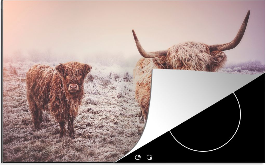 KitchenYeah Herdabdeckplatte Schottische Hochlandbewohner - Licht - Himmel - Natur , 89x51cm, Küche Deko, Glaskeramikfeld Herdabdeckung, Abdeckp...