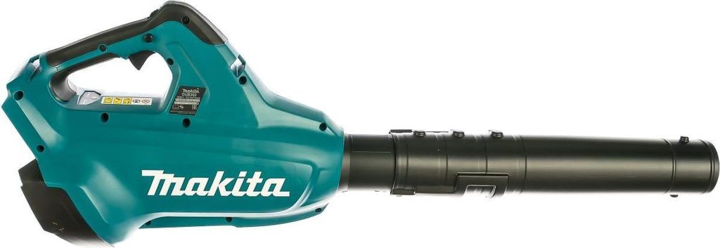 A teal and black Makita leaf blower is shown against a white background.