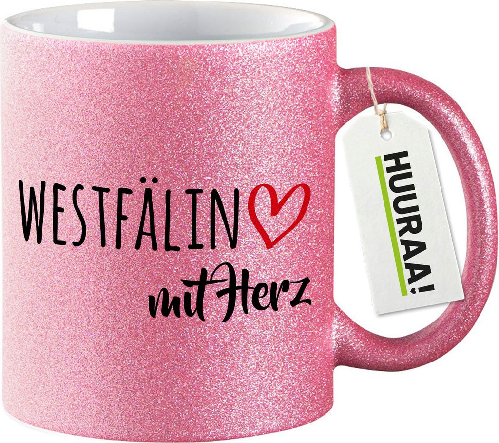 Huuraa Glitzertasse Westfälin mit Herz 330ml Pink Keramik Kaffeebecher Geschenkidee