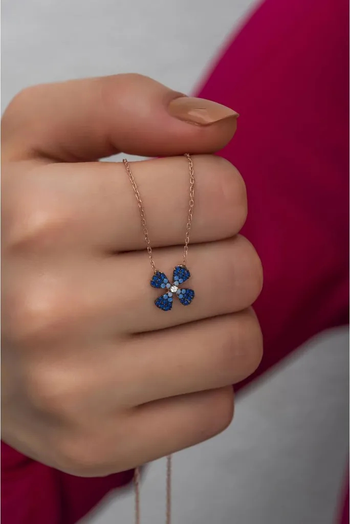 Collier trèfle à quatre feuilles en argent 925, zircone bleue et or rose