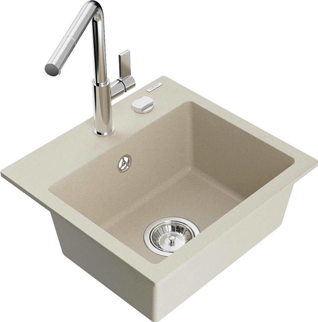 Mexen Milo 1-Becken-Granitspüle mit Mischbatterie Flora, Beige - 6505-69-670401-00