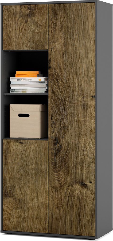 SIMPLYFURN Büroschrank Amira T20, Schrank mit zwei offenen Fächern, Anthrazit & Eiche Ribbeck, Push-to-Open, 180x80x40 cm, Aktenschrank für Bür...