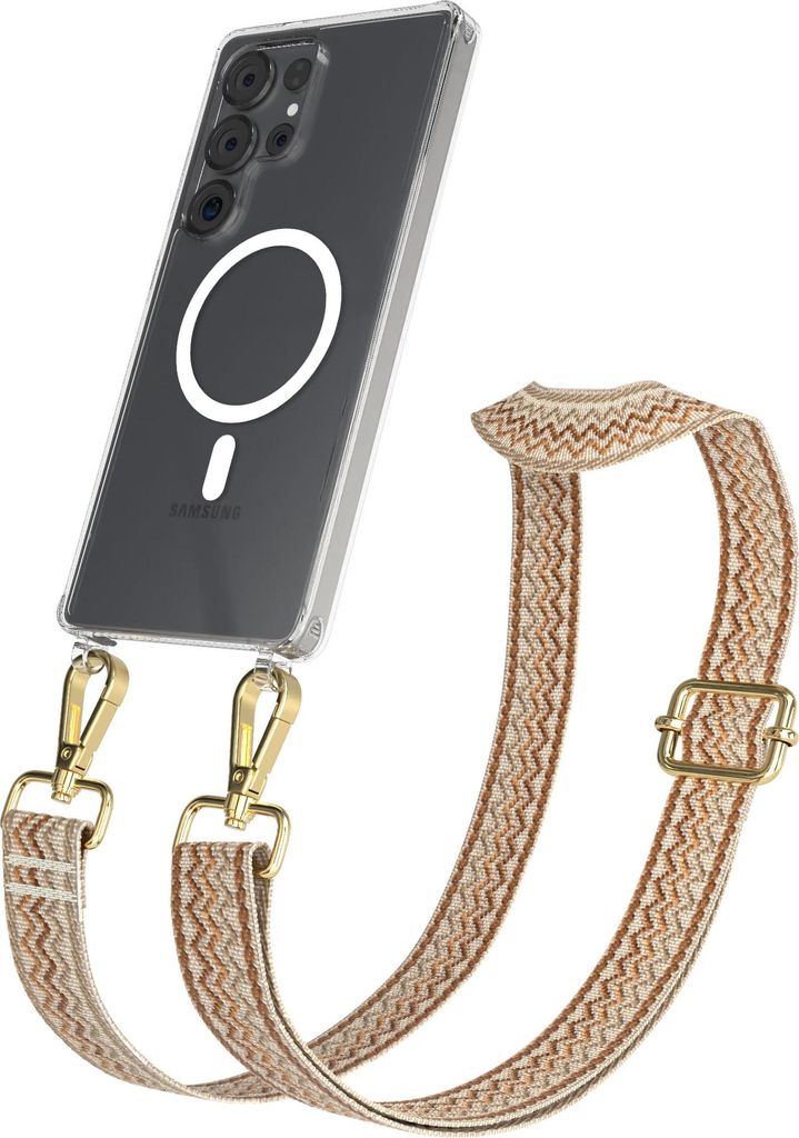 EAZY CASE - Handykette mit MagSafe Hülle für Samsung Galaxy S25 Ultra, Handyband Wave Style, Karabiner Gold, Umhängeband in Braun