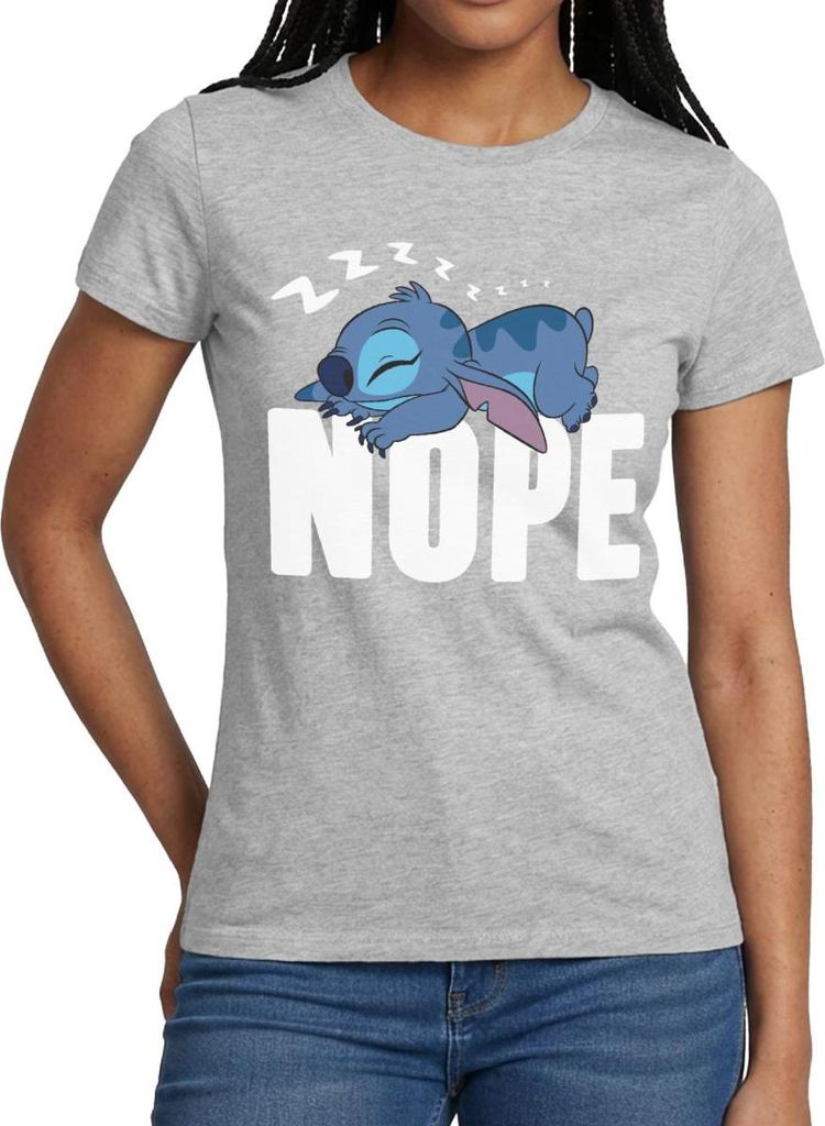 Lilo & Stitch | Schlafender Stitch Nope Frauen T-Shirt, S, Grau meliert