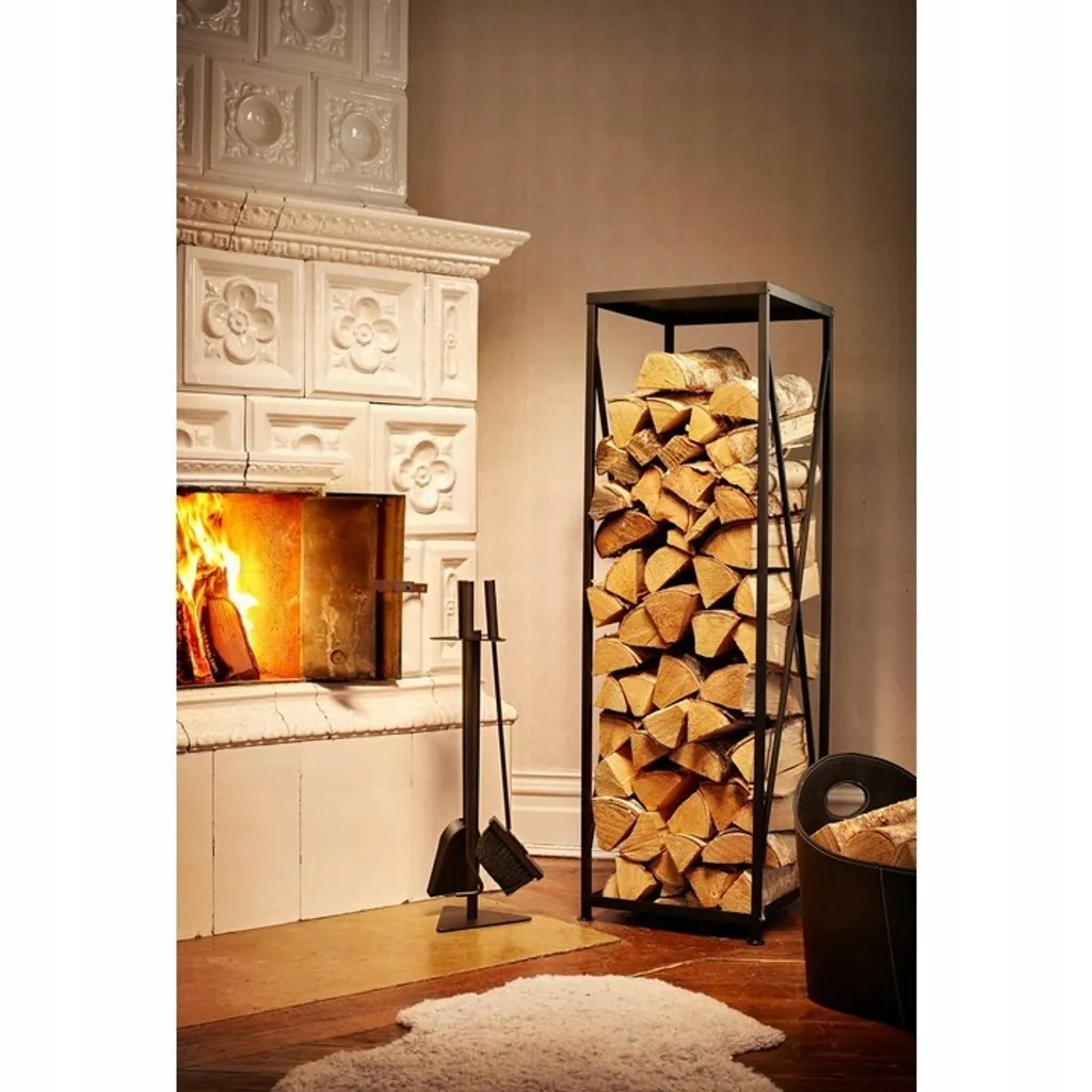 Support pour bois de cheminée intérieur en acier noir mat solide