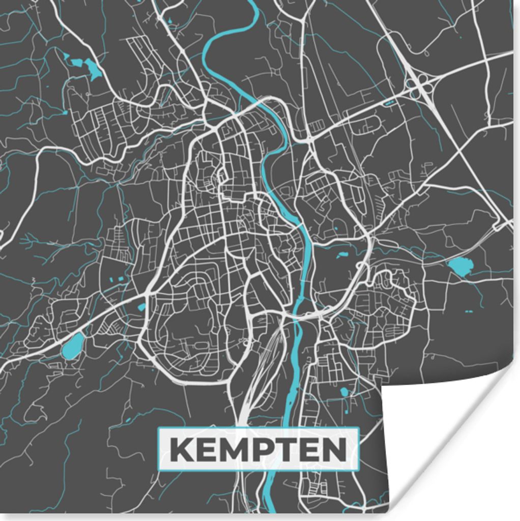 MuchoWow Poster Stadtplan - Deutschland - Blau - Kempten - Karte 75x75 cm - Wand Dekoration