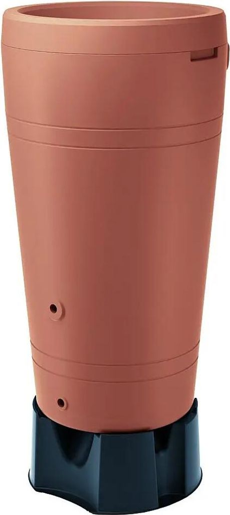 A terracotta rain barrel on a black stand against a white background.