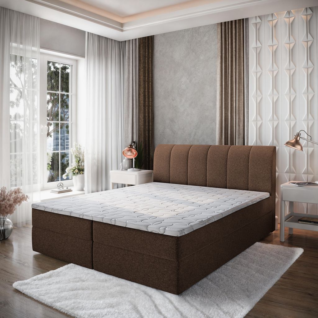 Masseno Boxspringbett CEVANO 180x200 cm Komplett-Set mit Bonell Matratze und Topper, Polsterbett mit Bettkästen -Braun, COSMIC 800