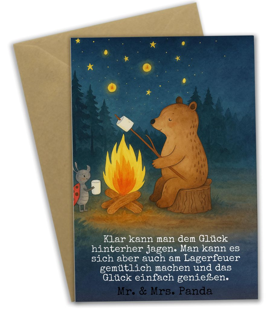 Mr. & Mrs. Panda Glückwunschkarte Bär & Marienkäfer Lagerfeuer Design - Weiß - Geschenk, weihnachtskarten, osterkarten, Teddy, Grußkarten, hoc...