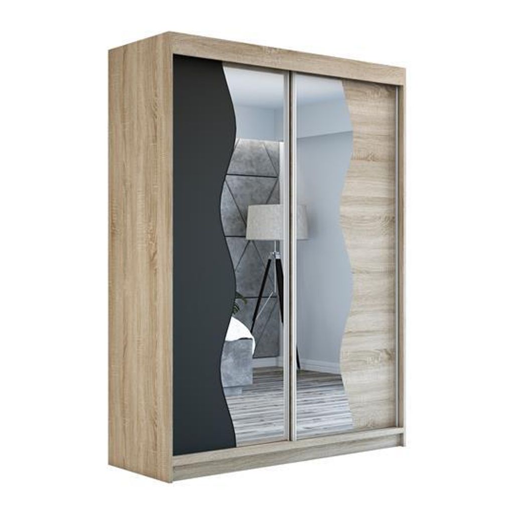 Schwebetürenschrank, 2-türig Schrank RIMA 160 cm (mit Spiegel) (Sonoma / schwarz / sonoma)