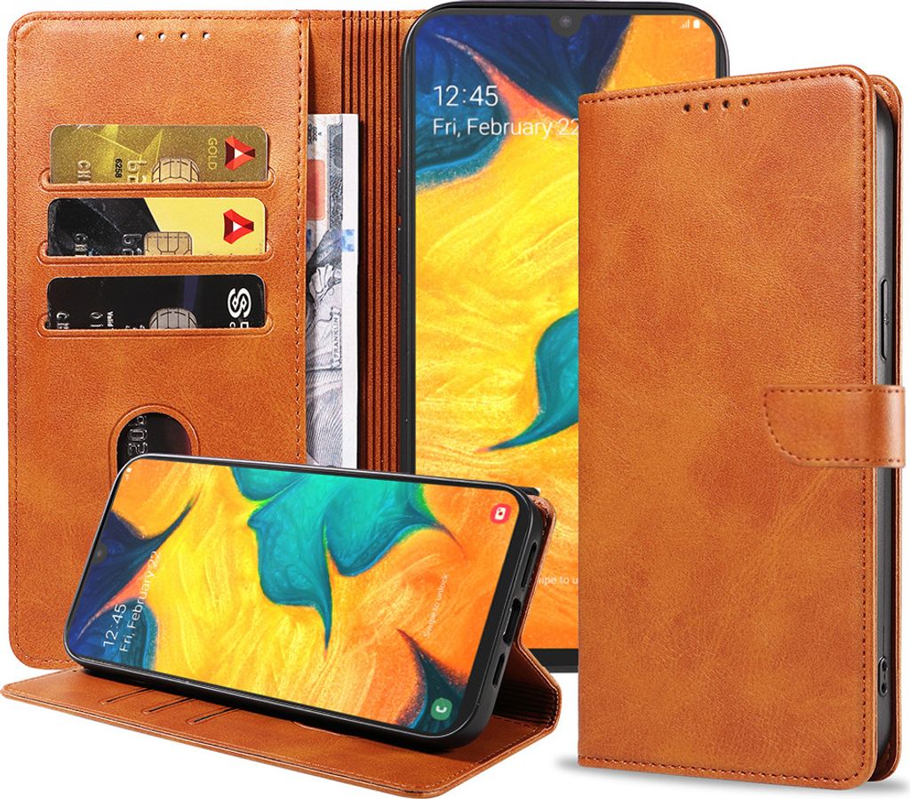Geschikt voor Samsung Galaxy A30 Telefoonhoesje Kunstleer met Magnetisch lipje en Pasjeshouder Book Case met Klepje - Bruin - Smartphonica